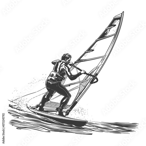 Windsurfer glides across the ocean waves catching the wind
