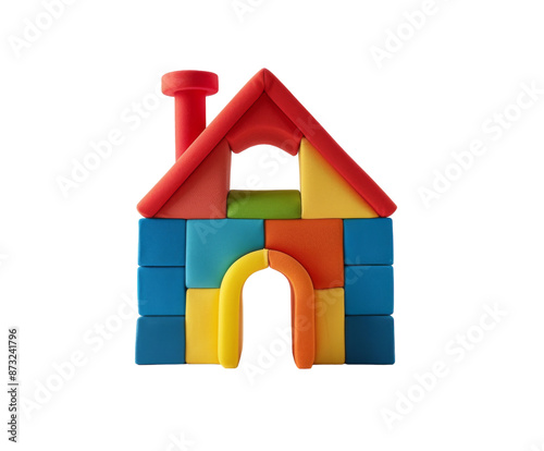 Colorful toy block house with red chimney on white background.. photo