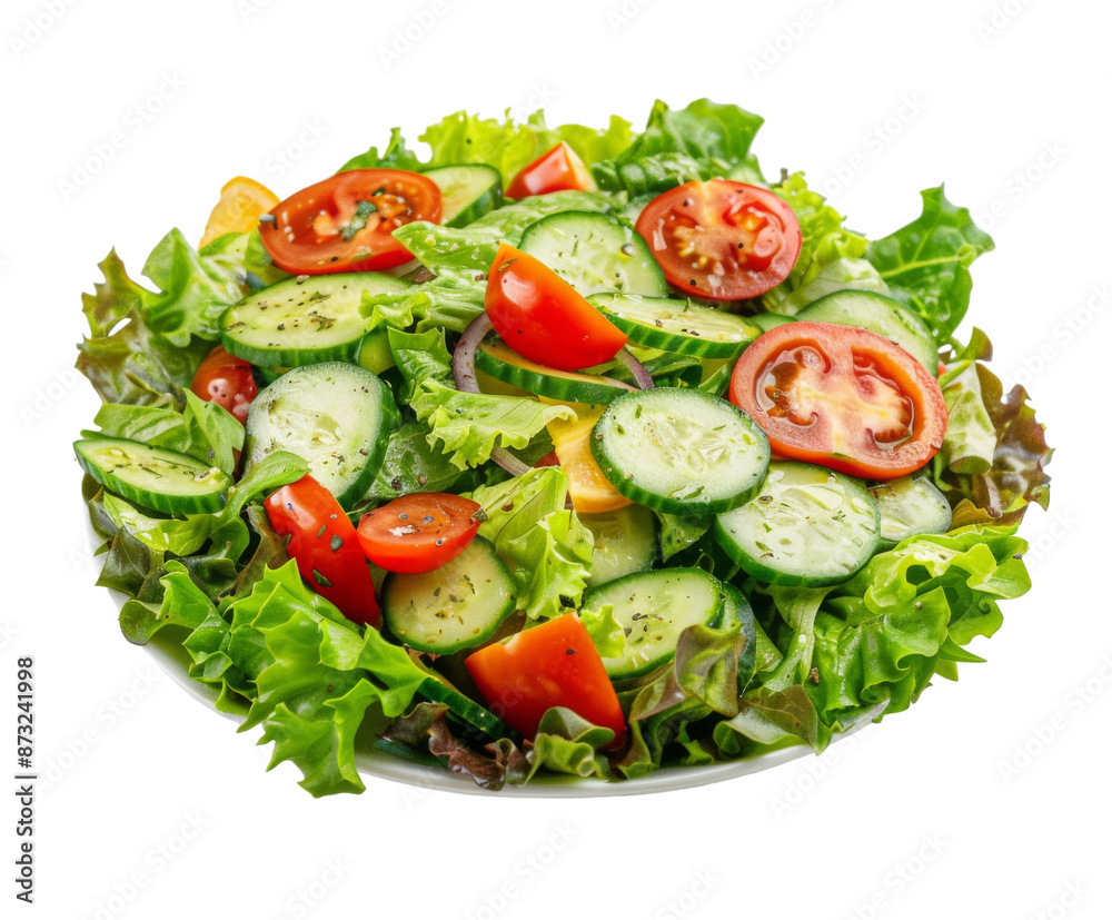 Fresh salad with cucumbers, tomatoes, lettuce, and bell peppers on white background.. Fresh salad with cucumbers, tomatoes, lettuce, and bell peppers on white background..