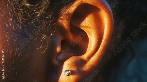 Close-up of an ear with a diamond stud earring, illuminated by warm light, capturing the texture and details of the skin and hair.