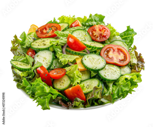 Fresh salad with cucumbers, tomatoes, lettuce, and bell peppers on white background.. photo