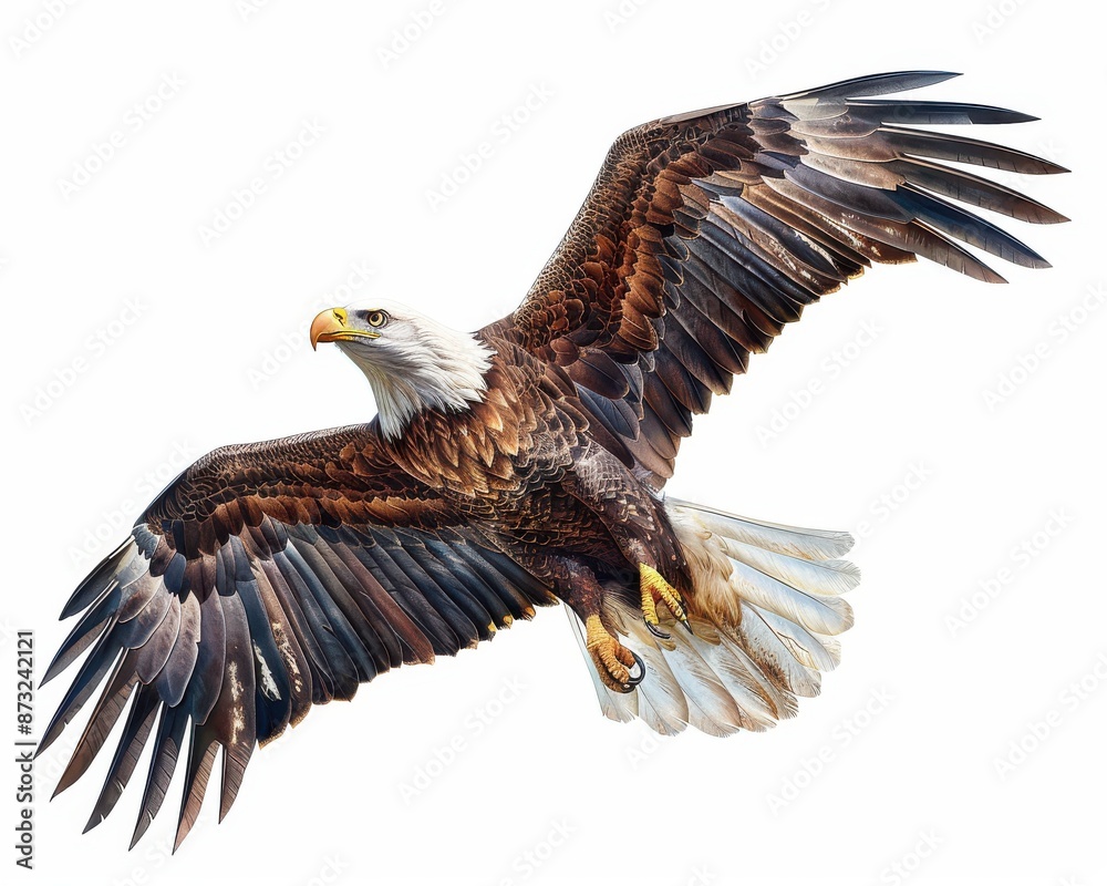 Naklejka premium Majestic bald eagle soaring gracefully with wings fully spread