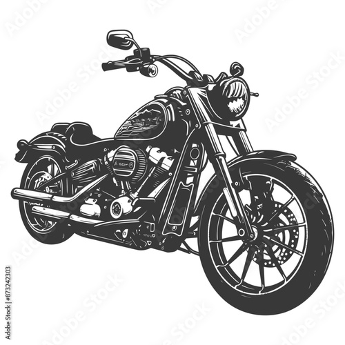 Black and white detailed illustration of a vintage chopper motorcycle