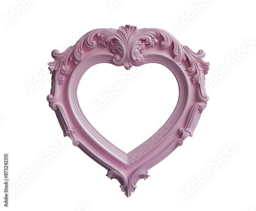 Pink heart-shaped ornate frame on white background.. photo