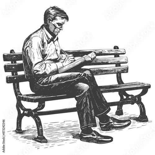 Pensive man sits on a park bench writing in his journal