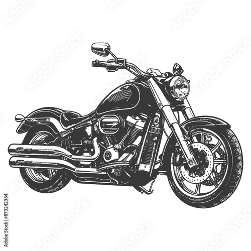 Black and white detailed illustration of a classic chopper motorcycle