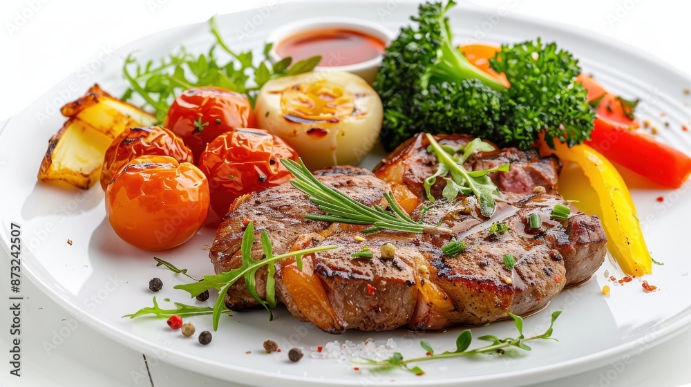 Delicious grilled steak with vegetables, featuring tomatoes, broccoli, and bell peppers Delicious grilled steak with vegetables, featuring tomatoes, broccoli, and bell peppers