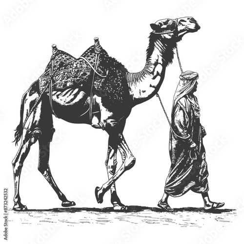 Traditional Arabian Man Leading a Camel in the Desert