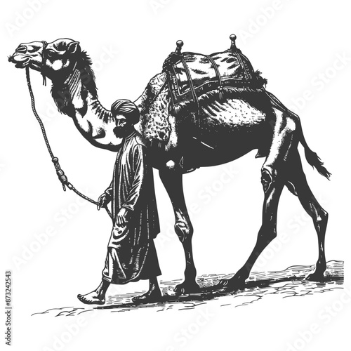 Man walking with camel in desert
