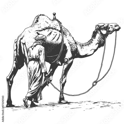 Man walking with camel in desert