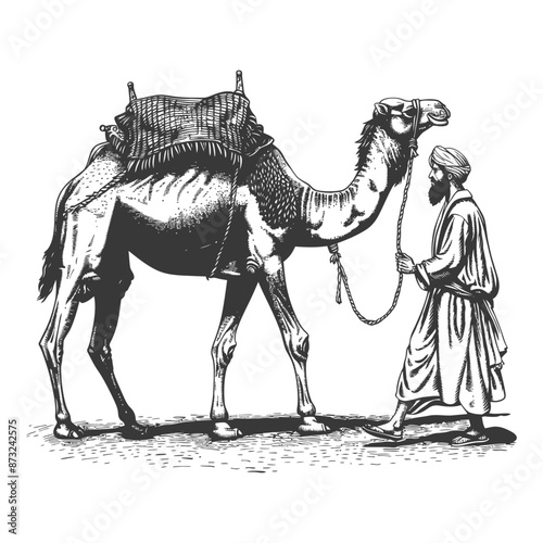 Man walking a camel in the desert
