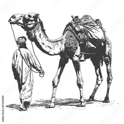 Man walking with camel in desert