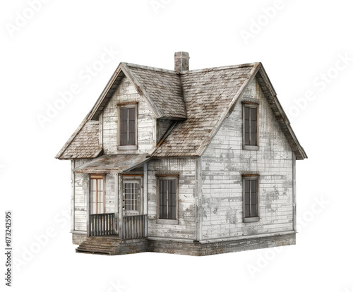 Old wooden house with weathered walls and rusty roof on white background.. photo