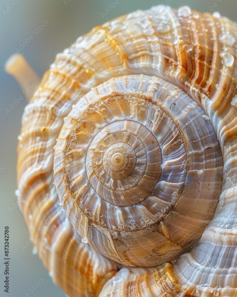 Closeup photo of a snail shell, highlighting the intricate spirals and unique patterns, detailed texture, soft natural lighting Closeup photo of a snail shell, highlighting the intricate spirals and unique patterns, detailed texture, soft natural lighting