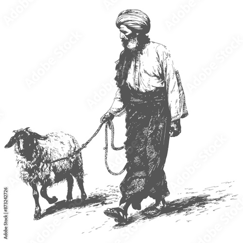 Traditional middle eastern man walking with a goat