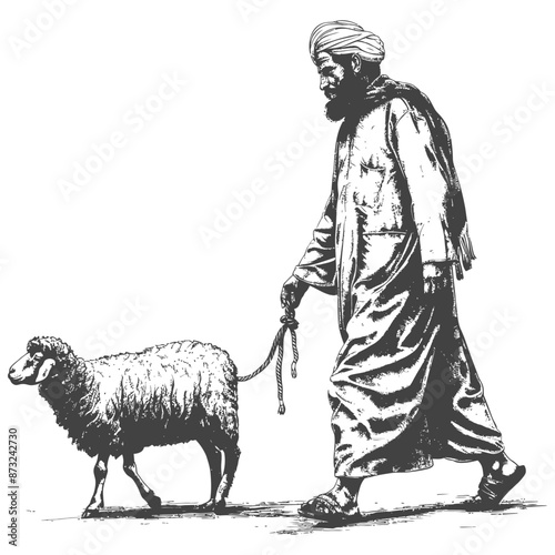 Sketch of a man in traditional clothing leading a sheep