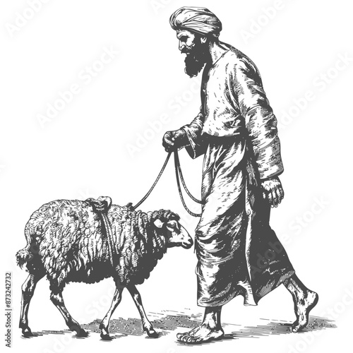 Shepherd Leading Sheep in Traditional Clothing