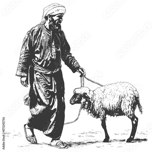 Traditional middle eastern man walking with a lamb