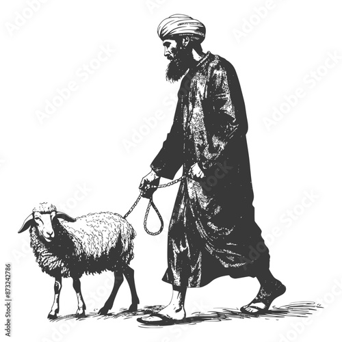 Man in traditional clothing walking with a sheep