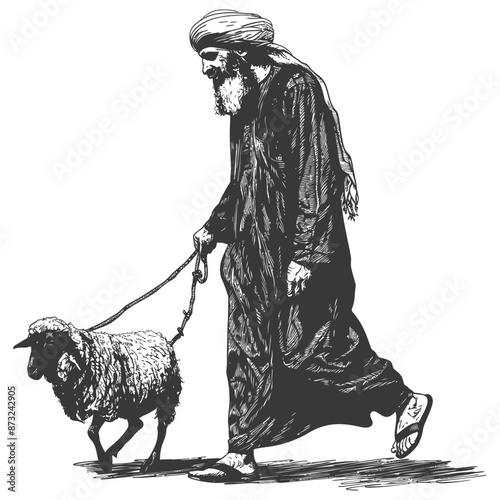 Traditional middle eastern man walking with sheep