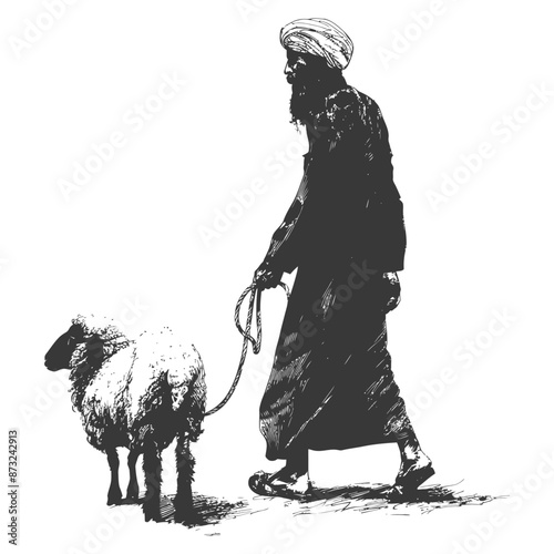 Silhouette of a man in a turban walking with a sheep on a leash