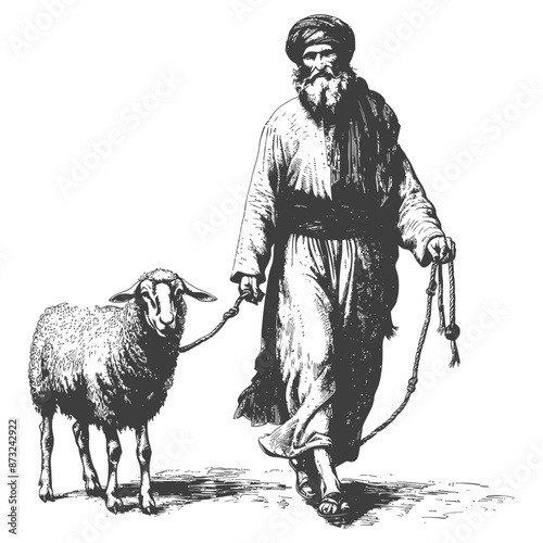 Shepherd Leading a Sheep