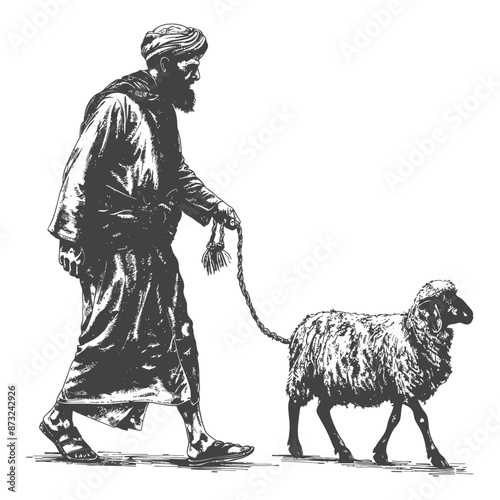 Man in traditional clothing walking with a sheep