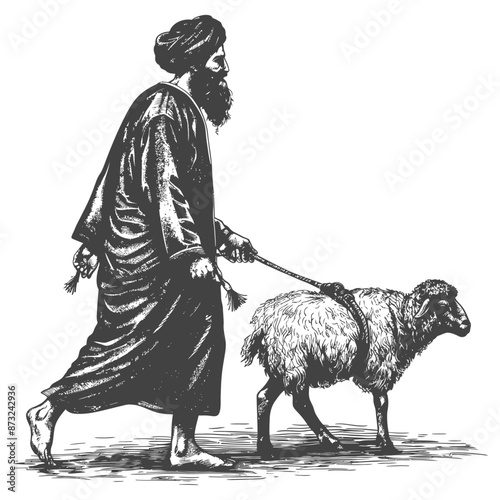 Shepherd Leading a Sheep