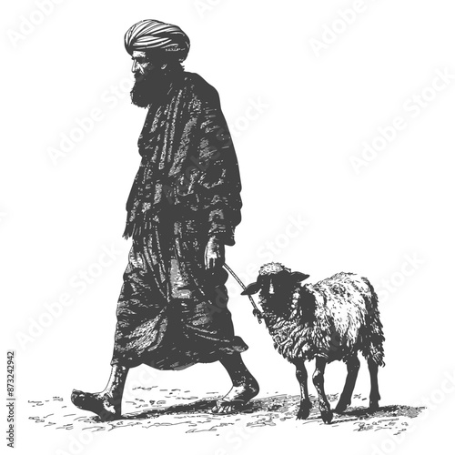 Man in traditional clothing walking with a sheep