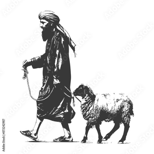 Traditional middle eastern man walking with a sheep