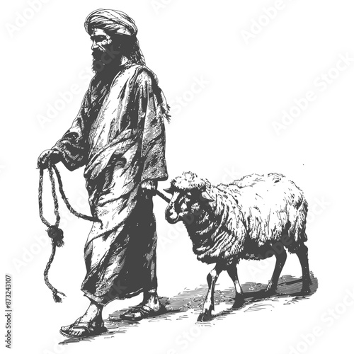 Ancient middle eastern man walking with sheep