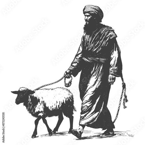 Historical engraving of a man in middle eastern clothing walking with a lamb