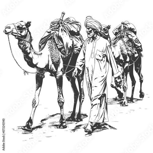 Detailed Sketch of a Man Leading a Caravan of Camels in the Desert
