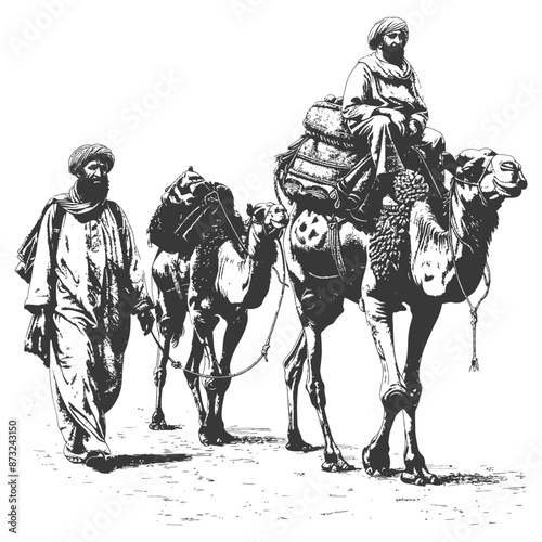 Ancient Arabian Merchants Traveling by Camel in the Desert