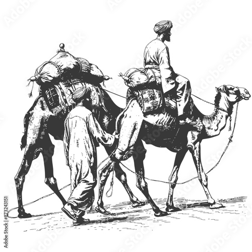 Ancient Arabian Merchants Traveling by Camel in the Desert
