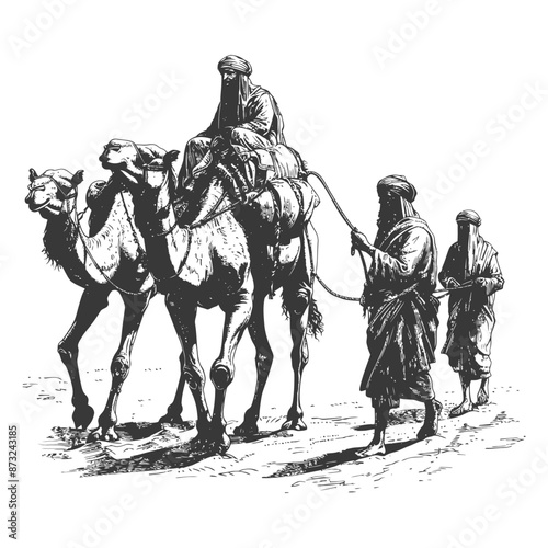Ancient Arabian Men Leading a Camel Caravan Through the Desert