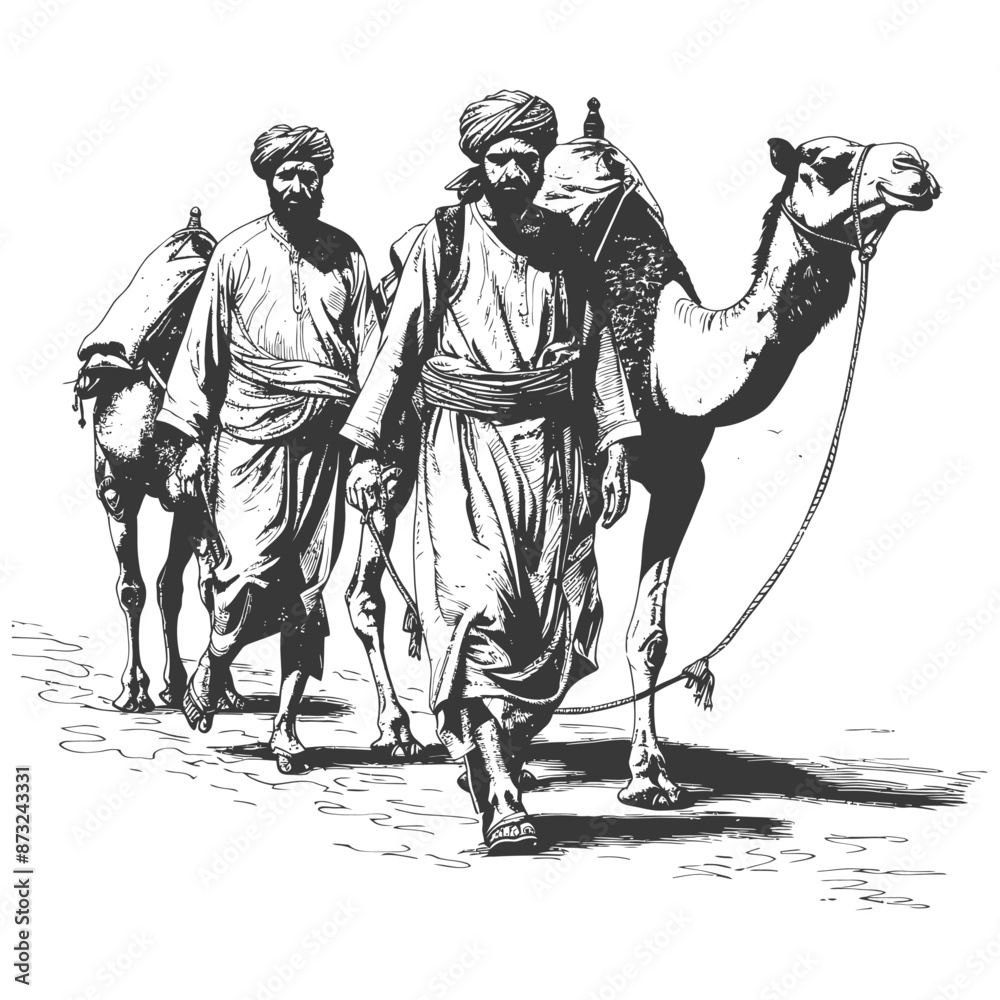 Fototapeta premium Two men in traditional clothing walking in the desert with camels