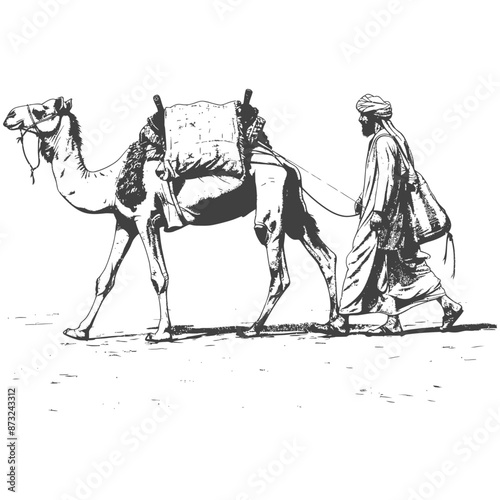 Man walking with camel in desert