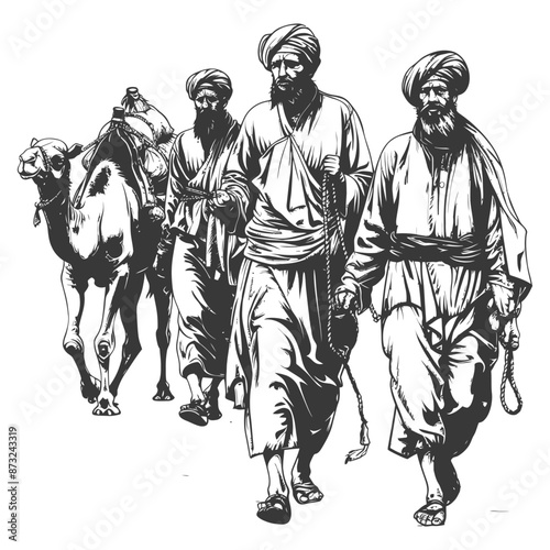 Ancient Travelers in Traditional Attire with Camel in Desert
