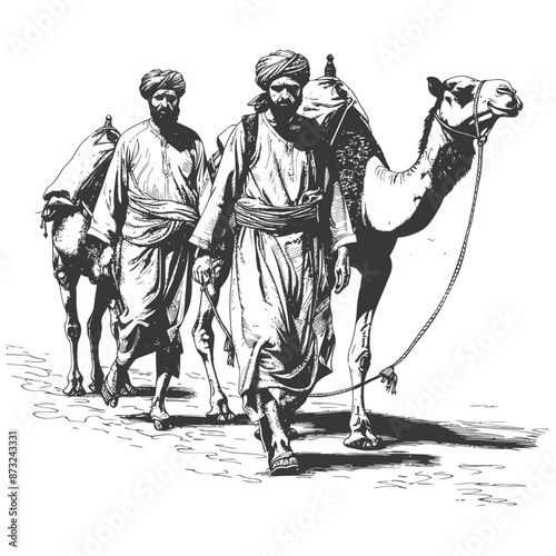 Two men in traditional clothing walking in the desert with camels
