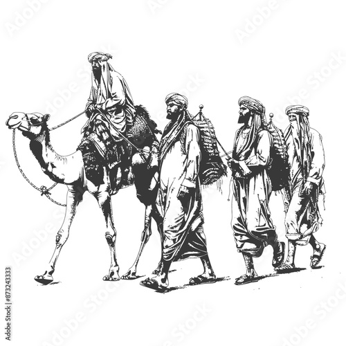 Ancient Arabian Men and Camel Caravan in Desert