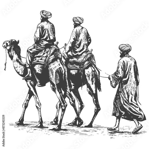 Three Wise Men Traveling by Camel in the Desert