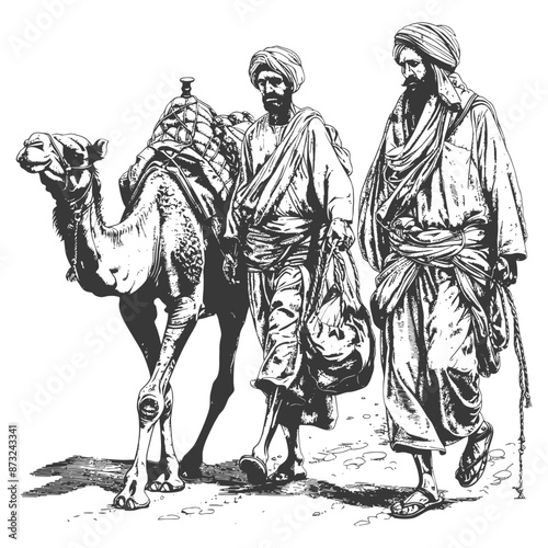 Two men in traditional clothing walking with a camel in the desert