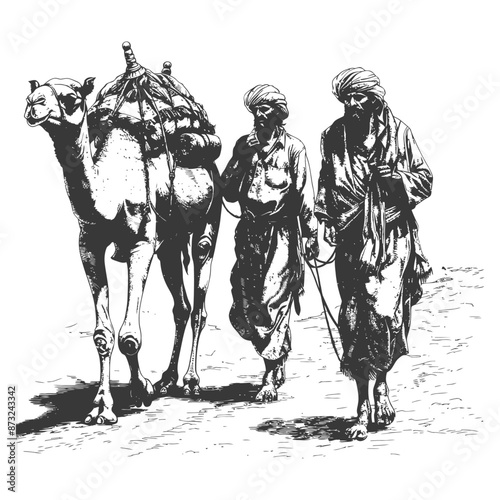 muslim men walking leading tied camels with engraving style