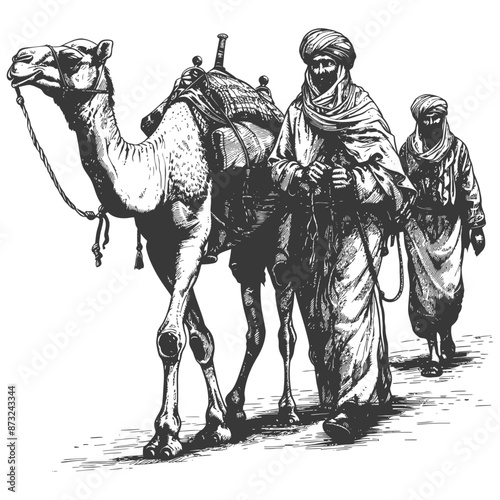 Ancient Arabian Merchants Traveling by Camel in the Desert