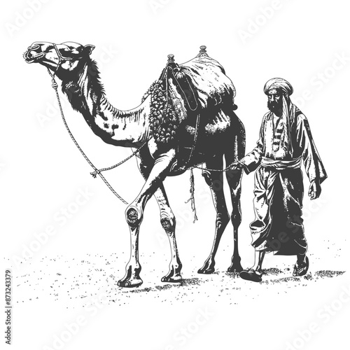 Man walking with camel in desert