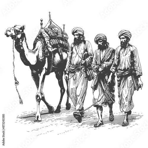 Historical Sketch of Men Leading a Camel Through the Desert
