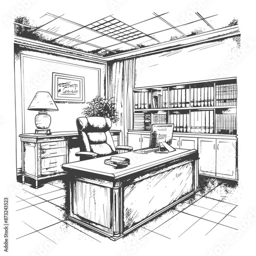 Detailed sketch of a professional and organized home office interior with a large desk, comfortable chair, computer, lamp, and bookshelves.