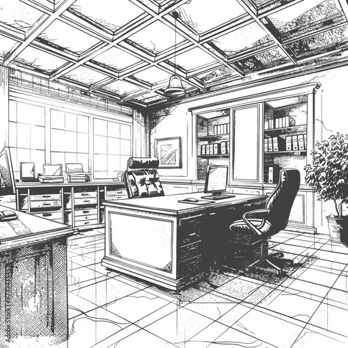 Detailed sketch of a modern office interior with two workstations and a large desk