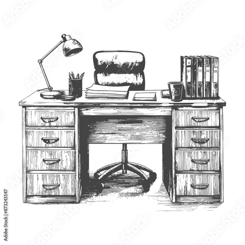 Vintage wooden office desk with supplies and documents